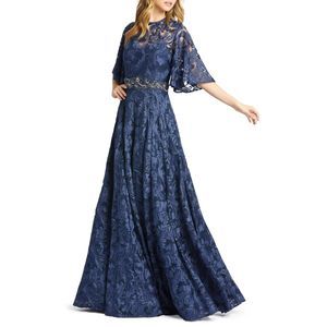 Mac Duggal Butterfly Sleeve A-line Lace Gown in Navy